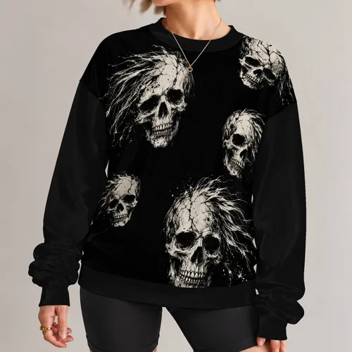 Distressed Ivory Skull Motifs for Alternative Streetwear and Concert Night Style All-over Print Knitted Sweater