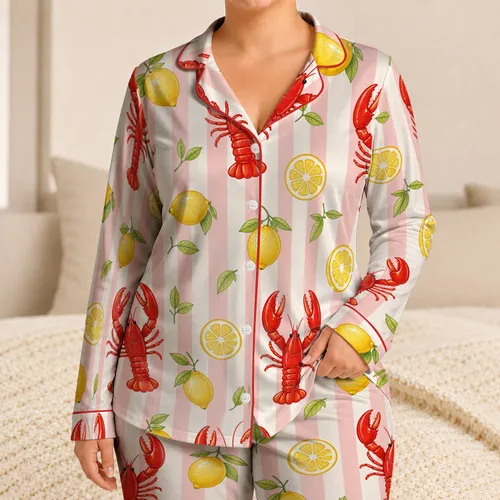 Coastal Lobster And Lemon Stripes For Summer Getaways, Beach Trips, Tween Girls Summer Satin Pajamas Set