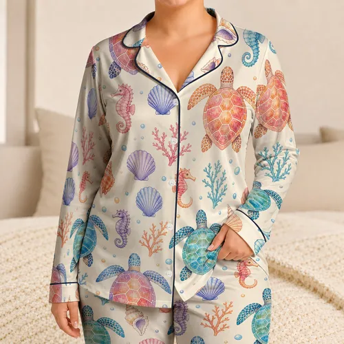Ivory Sea Turtle Marine Motif For Cozy Beach Getaways, Gifts For Women And Teens Satin Pajamas Set