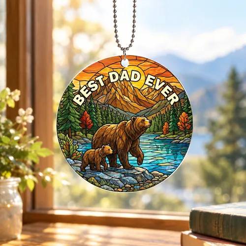 Personalized Papa Bear Suncatcher – Custom Stained Glass Car Mirror Hanger for Dad, Christmas Gift from Kids