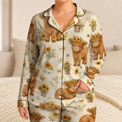 Highland Calf Sunflower Cottagecore For Spring Picnics, Cozy Gift Moments At Home Satin Pajamas Set