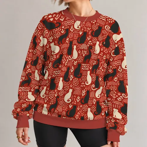 Seated Cat Folk Motifs for Cozy Autumn Outings and Everyday Cat Lovers All-over Print Knitted Sweater