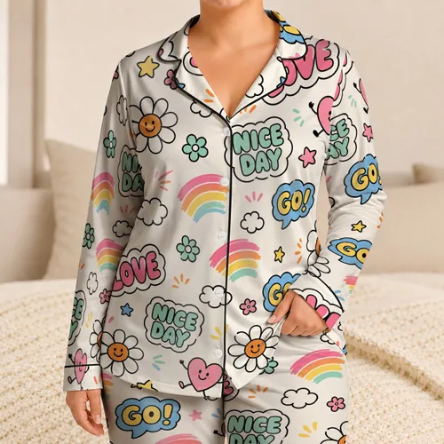 Cheerful Doodle Hearts And Daisies For Cozy Sleepovers, Girls Gift Lounge Style Satin Pajamas Set