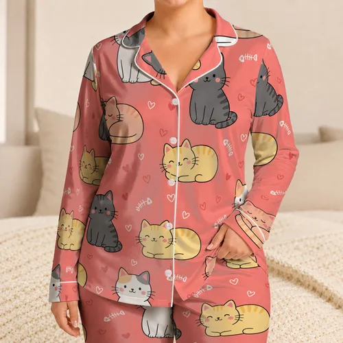 Sweet Coral Cat And Heart Repeat For Cozy Nights, Sleepovers, And Gifted Her Style Satin Pajamas Set
