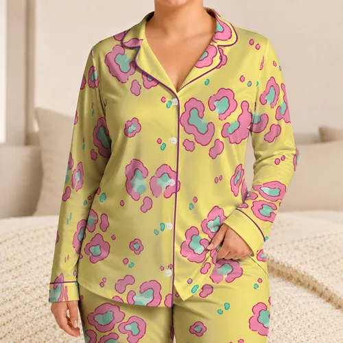 Retro Yellow Leopard Spots Lounge Style for Summer Evenings, Giftable for Women Satin Pajamas Set