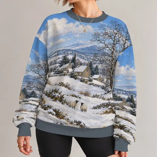 Snowy Countryside Cottages and Sheep for Cozy Winter Walks and Peaceful Rural Getaways All-over Print Knitted Sweater