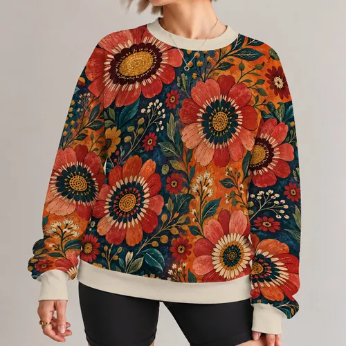 Folk Floral Medallions in Teal and Rust for Autumn Casual Style All-over Print Knitted Sweater