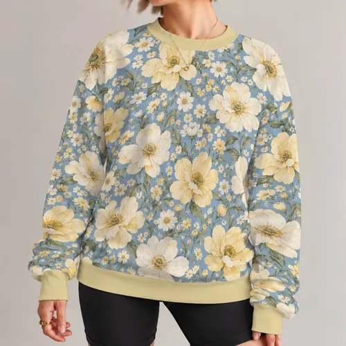 Oversized Cream Wildflowers and Blue Botanicals for Relaxed Springtime Everyday Style All-over Print Knitted Sweater