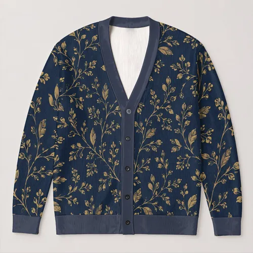 Gold Botanical Vine Motif on Navy Casual Layering Style for Women and Everyday Wear All-over Print Knitted Cardigan