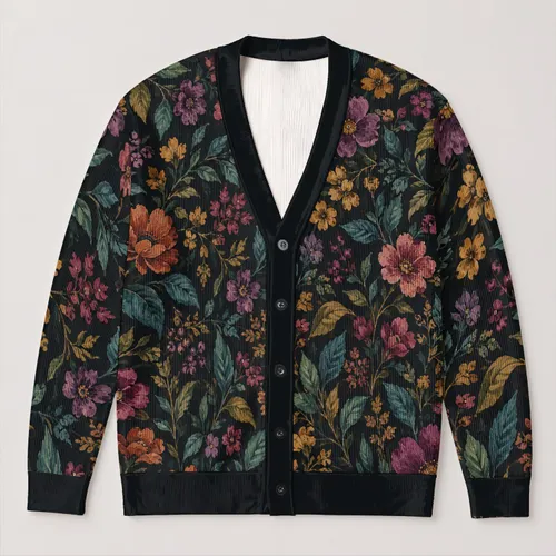 Dark Botanical Blooms for Relaxed Everyday Layering and Weekend Wear for Women’s Style All-over Print Knitted Cardigan