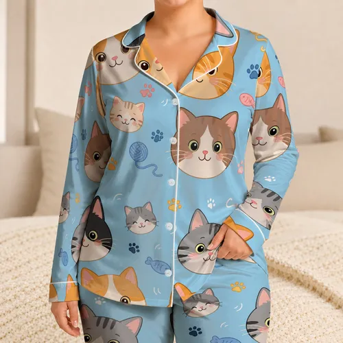 Cat Face Medallions on Light Blue Cozy Sleepwear for Cat Lovers and Relaxed Evenings Satin Pajamas Set