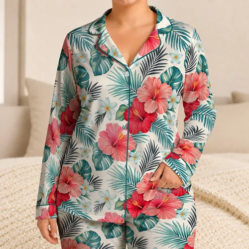 Tropical Hibiscus Palm Leaf Resort Sleep Set For Women Summer Holiday Loungewear Satin Pajamas Set