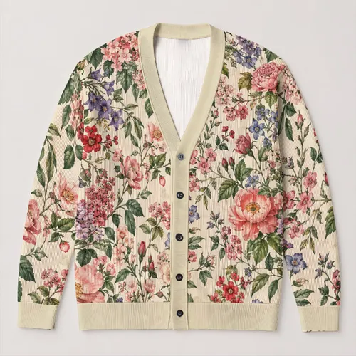 Romantic Botanical Floral Blooms for Everyday Layering and Weekend Garden Outings All-over Print Knitted Cardigan