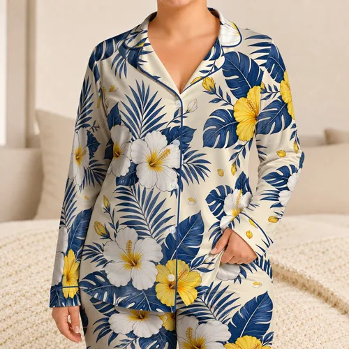 Blue And Yellow Hibiscus Resort Escape For Tropical Vacation Nights For Women Satin Pajamas Set