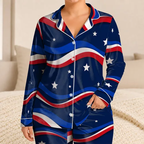 Navy Americana Wave Stars for Summer Beach Days, Patriotic Lounge Style for Women Satin Pajamas Set