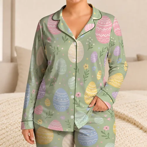 Pastel Easter Eggs on Sage Green for Spring Gatherings and Cozy Holiday Lounging Satin Pajamas Set