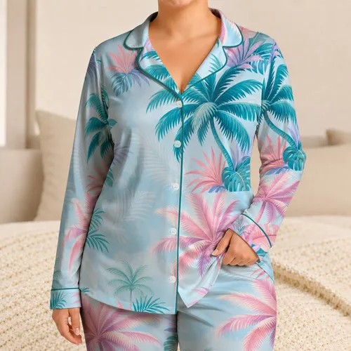 Pastel Tropical Palm Leaf Loungewear For Summer Beach Getaways For Women Vacation Satin Pajamas Set