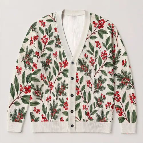 Green Holly Berry Sprigs for Festive Layering, Winter Celebrations, and Holiday Gatherings All-over Print Knitted Cardigan