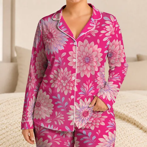 Hot Magenta Dahlia And Chrysanthemum Blooms For Cozy Nights, Gifts, And Her Style Satin Pajamas Set