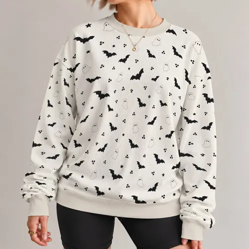 Ivory Bats, Ghosts And Stars For Spooky Season And Everyday Autumn Style All-over Print Knitted Sweater