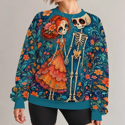 Whimsical Skeleton Couple With Floral Details for Halloween Party Looks All-over Print Knitted Sweater