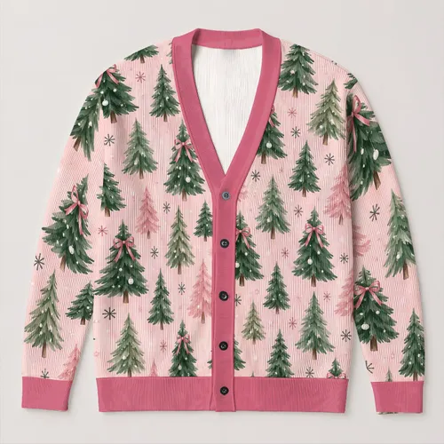 Pink Bow Christmas Tree Holiday Style For Women, Cozy Seasonal Layering Gift Idea All-over Print Knitted Cardigan