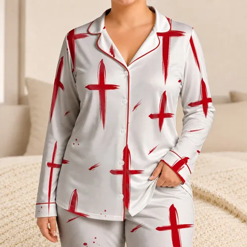 Crimson Sword Cross Motif White Minimal Retro Gift Idea For Bold Style Enthusiasts Satin Pajamas Set