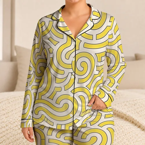 Lemon Maze Wave Resort Style For Summer Getaways And Weekend Escapes, Women Plus Size Satin Pajamas Set