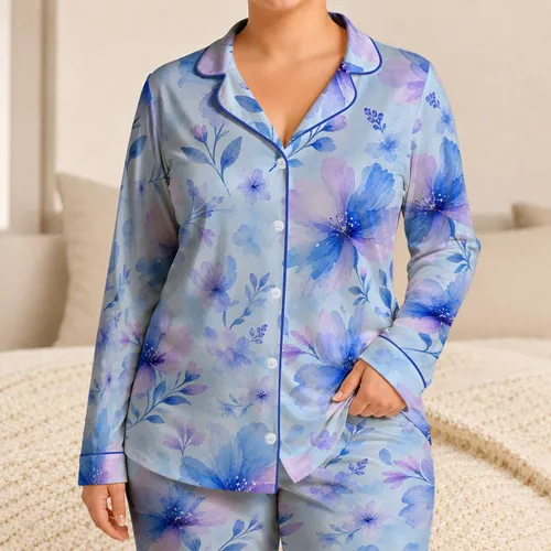 Blue Watercolor Floral Gift For Spring Nights, Soft Cozy Home Style For Her Satin Pajamas Set