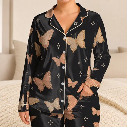 Champagne Butterfly Nightwear for Elegant Lounging, Sleep, and Gift Giving for Women Satin Pajamas Set