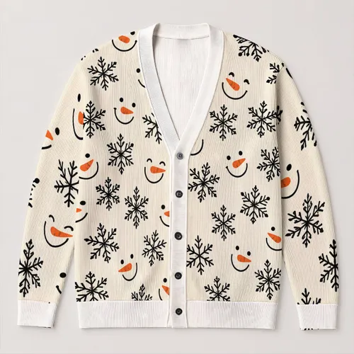 Snowman Faces And Snowflakes For Cozy Winter Layering, Women's Holiday Wardrobe Style All-over Print Knitted Cardigan