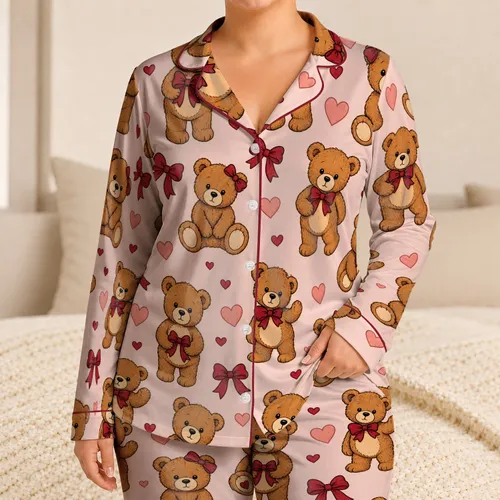 Vintage Teddy Bears With Red Bows For Cozy Bedtime Gifting, Nursery Style And Lounging Satin Pajamas Set