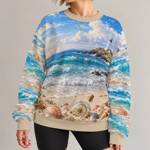 Lighthouse Beach Seascape For Coastal Getaways And Relaxed Summer Days All-over Print Knitted Sweater