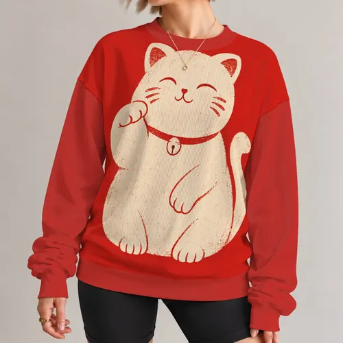 Cream Beckoning Cat for Cozy Autumn Weekends and Relaxed Everyday Casual Outings All-over Print Knitted Sweater