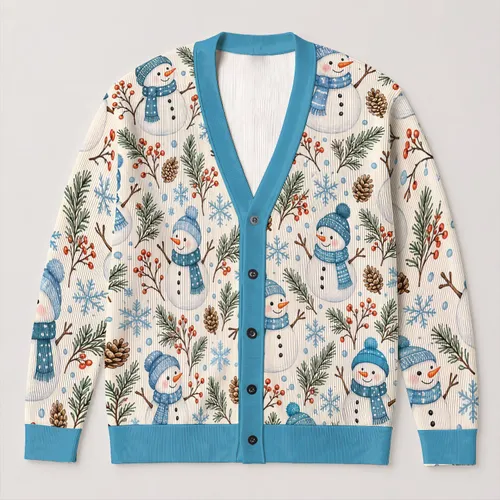 Cheerful Snowmen In Blue Scarves For Cozy Winter Gatherings And Festive Family Days All-over Print Knitted Cardigan