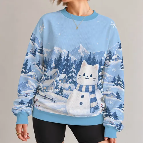Snowman Cat in a Snowy Mountain Village for Cozy Christmas Holiday Celebrations All-over Print Knitted Sweater