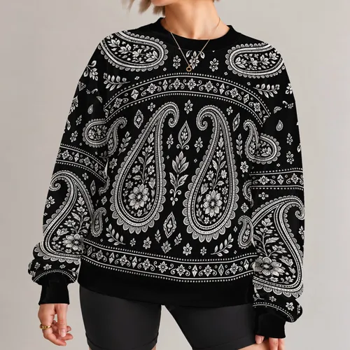 Black And Ivory Paisley Motifs For Autumn Outings And Relaxed Bohemian Everyday Style All-over Print Knitted Sweater
