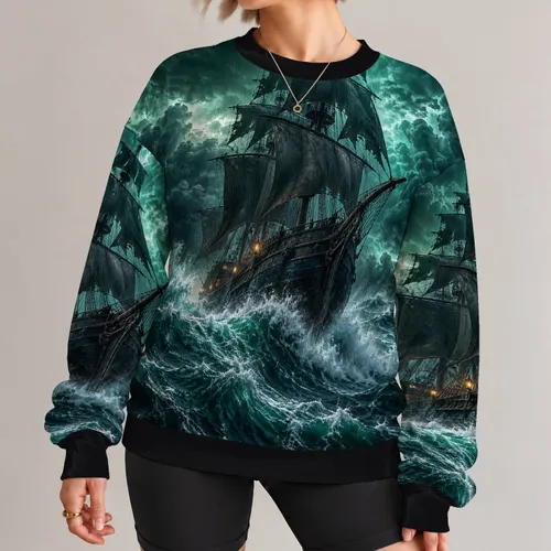 Tall Sailing Ship In Emerald Storm Seas For Nautical Adventure And Coastal Style All-over Print Knitted Sweater