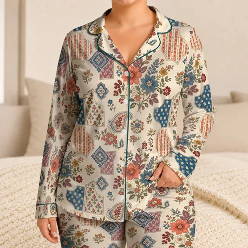 Vintage Botanical Patchwork Floral Loungewear for Relaxed Weekend Mornings, Women Satin Pajamas Set