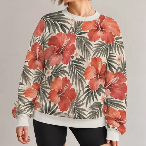 Coral Hibiscus and Palm Leaves for Tropical Getaways and Relaxed Weekends All-over Print Knitted Sweater