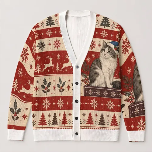 Funny Cat With Snowflakes For Cozy Holiday Gatherings And Relaxed Winter Layering All-over Print Knitted Cardigan
