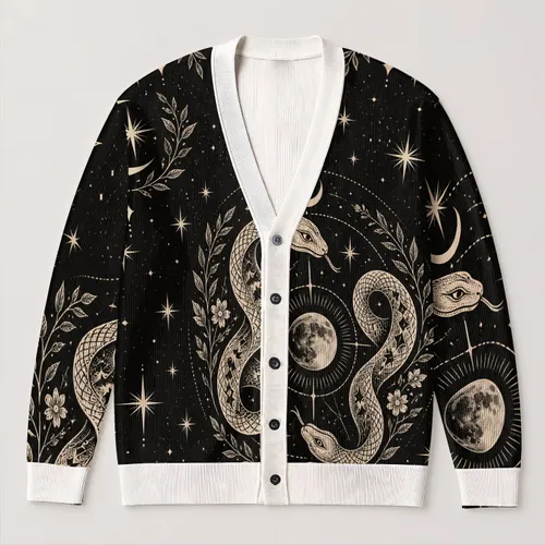 Celestial Moon Snake Medallion for Casual Layering and Nighttime Streetwear Style All-over Print Knitted Cardigan