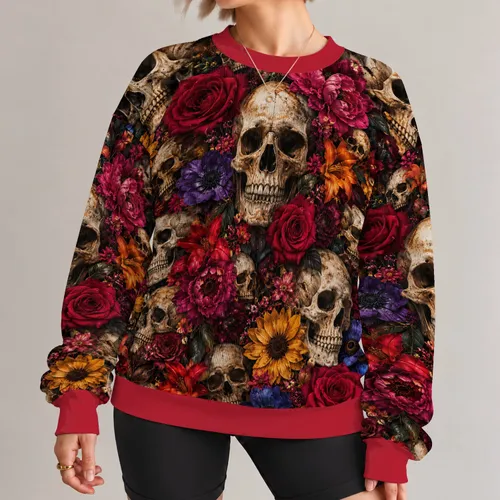 Skull And Wildflower Collage For Bold Autumn Streetwear And Everyday Alternative Style All-over Print Knitted Sweater