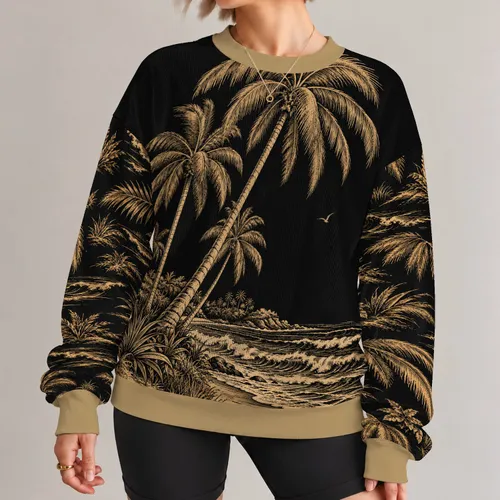 Engraved Palm Trees and Ocean Waves for Tropical Beach Getaways and Summer Travel All-over Print Knitted Sweater