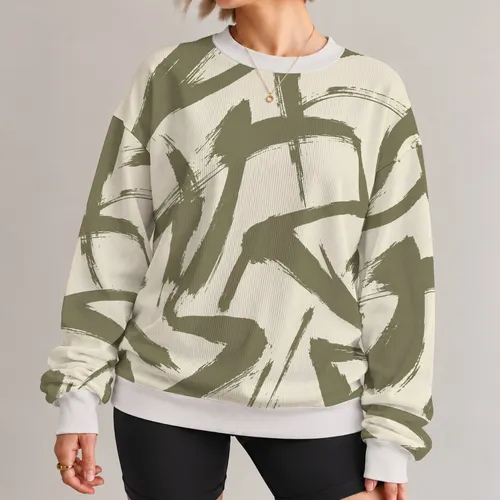 Ivory Khaki Abstract Brushstrokes for Creative Weekends and Everyday Streetwear All-over Print Knitted Sweater