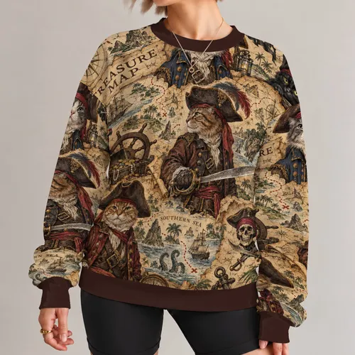 Pirate Cat Treasure Map Adventure for Nautical Fantasy Fans and Weekend Wear All-over Print Knitted Sweater
