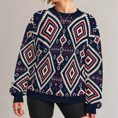Navy Ivory Burgundy Geometric Diamonds For Streetwear And Outdoor Style All-over Print Knitted Sweater