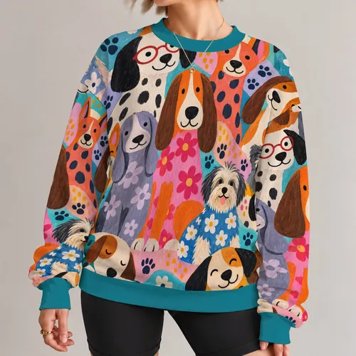 Cartoon Dog Friends And Colorful Florals For Playful Everyday Style All-over Print Knitted Sweater