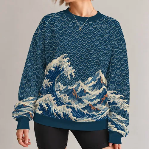 Navy Ocean Waves and Mountain Peaks for Coastal Summer Adventures and Nature Lovers All-over Print Knitted Sweater