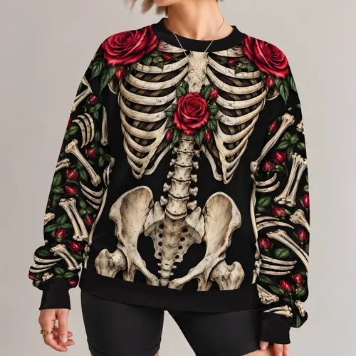 Rose-Adorned Skeleton Bones for Gothic Halloween Parties and Spooky October Celebrations All-over Print Knitted Sweater